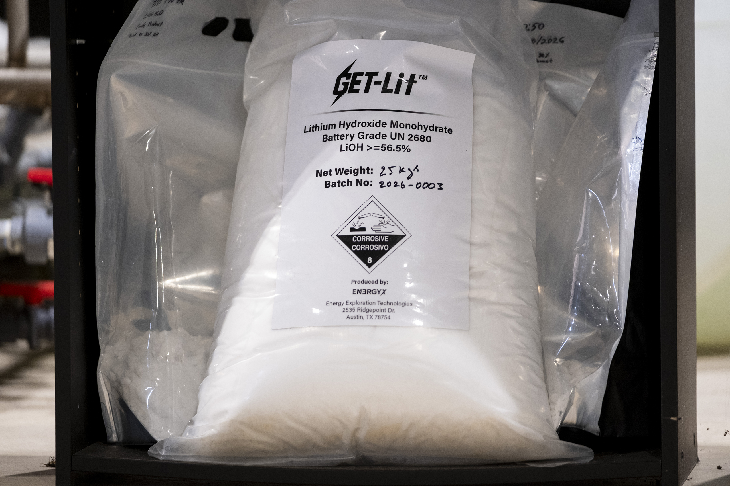 A bag of battery grade lithium hydroxide monohydrate at the EnergyX facility in Hooks on August 19, 2026.