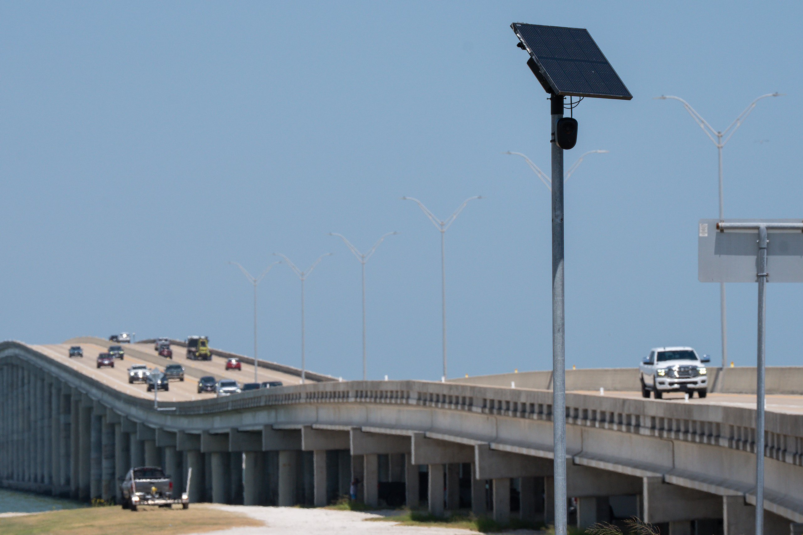 A Flock camera records drivers on the Lyndon B. Johnson Causeway near Rockport on Aug. 23, 2026.
