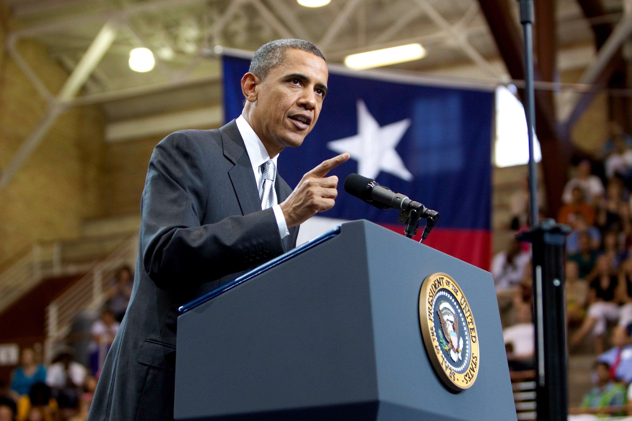 Then-President Barack Obama speaks to a crowd of 3,000 students and faculty at the University of Texas at Austin on Aug. 8, 2010.