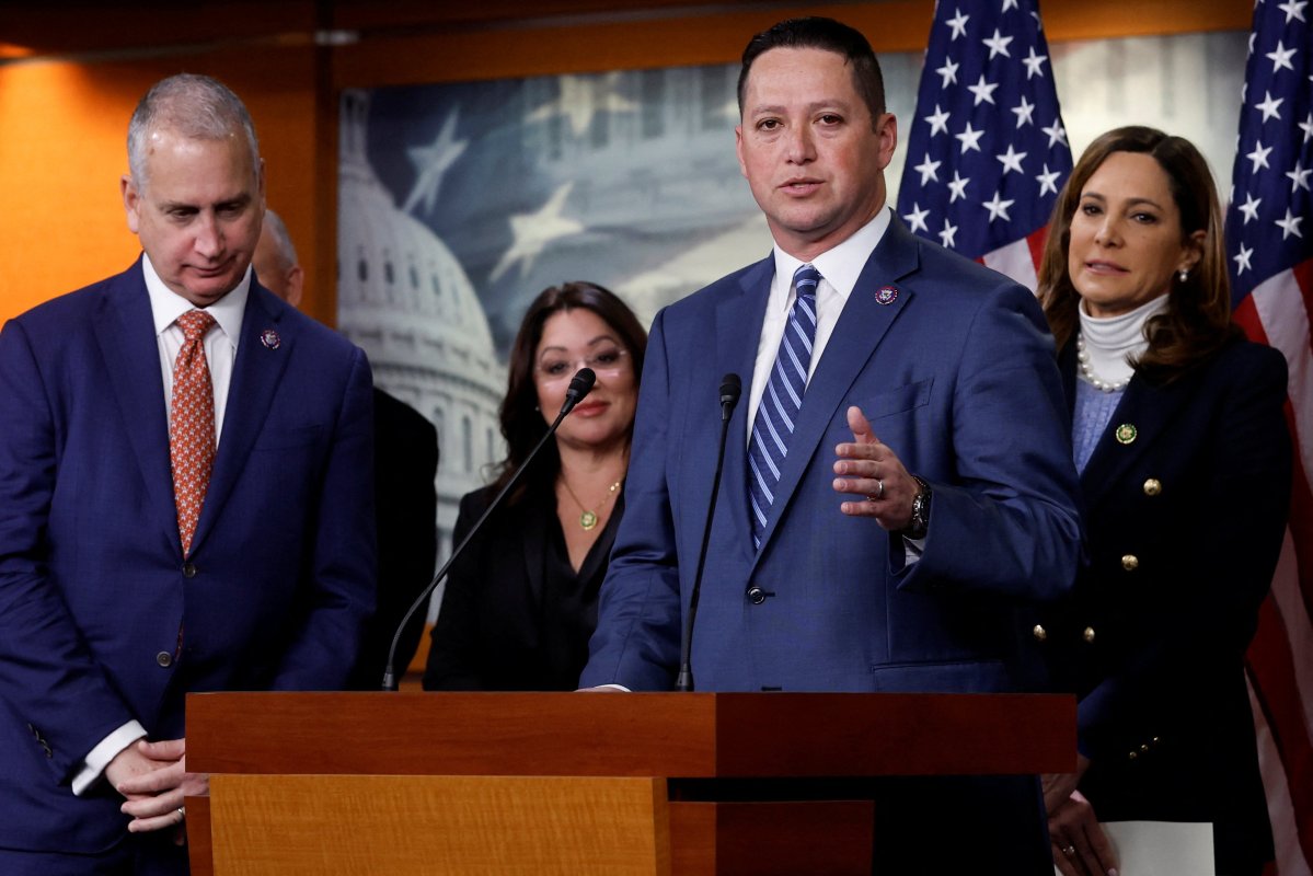 Republican U.S. Representative Tony Gonzales speaks at a news conference with members of the House Hispanic Conference on Capitol Hill on Feb. 1, 2023. He is fighting to stay out of a runoff in his primary bid for reelection.