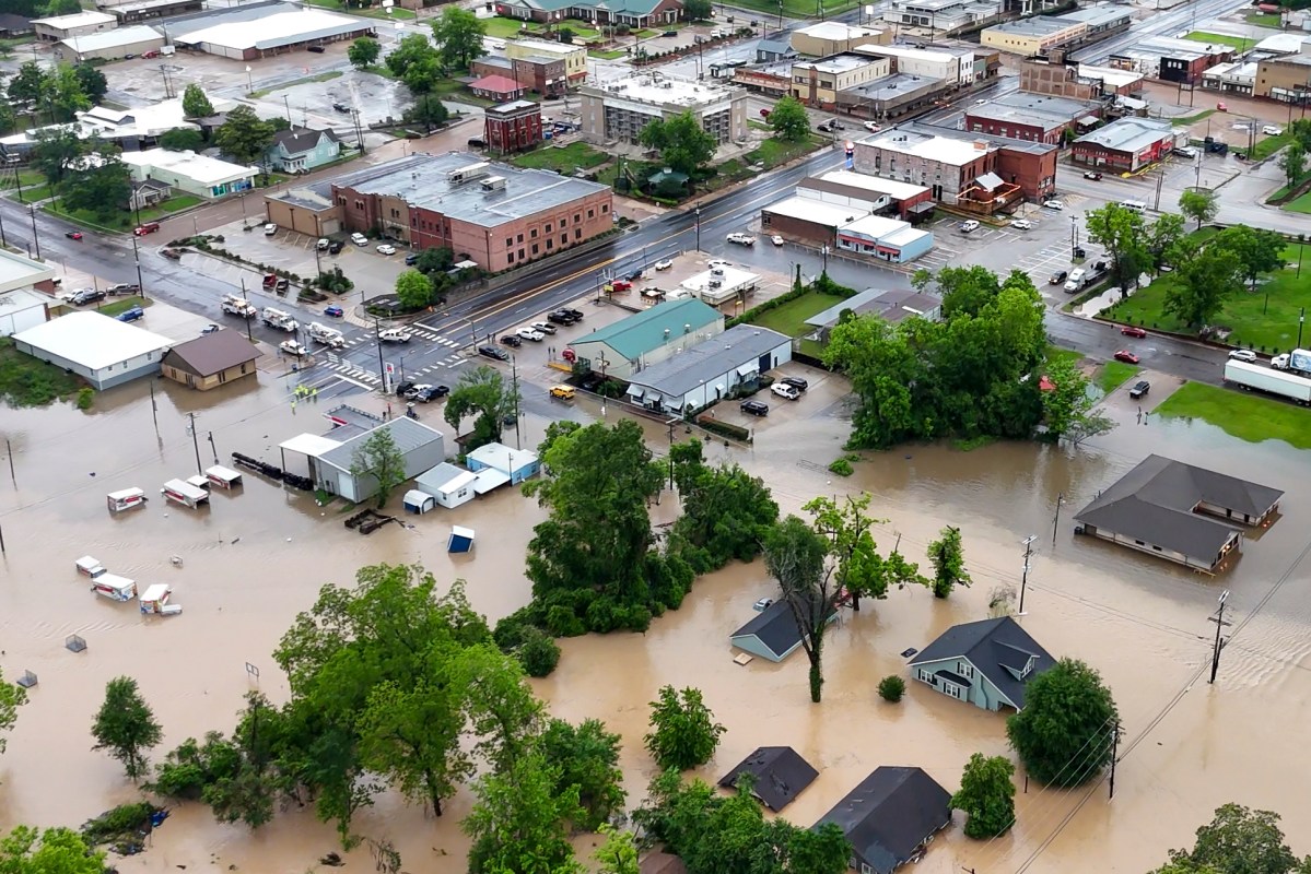 Flooding in downtown Livingston on May 2. Thousands fled their southeast Texas homes as heavy rains saturated land in multiple counties.