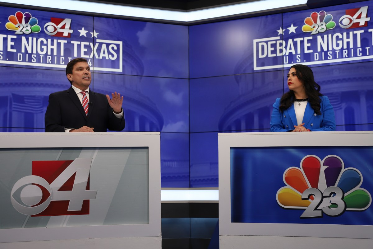 Democratic U.S. Rep. Vicente Gonzalez, left, and former U.S. Rep. Mayra Flores, a Republican, take part in a debate for Congressional District 34 hosted by KVEO on Thursday in Harlingen.
