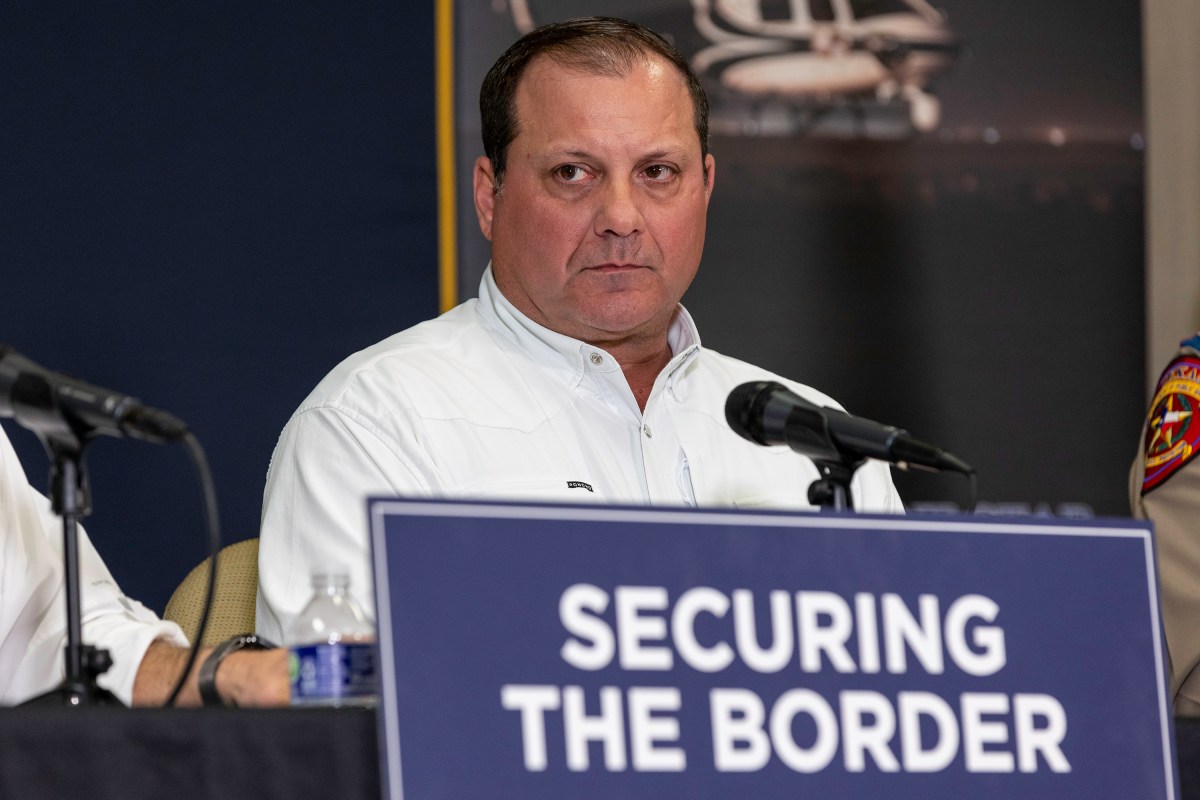 Mike Banks at a news conference about border security at the Texas Department of Public Safety regional headquarters in Weslaco on Feb. 21, 2023.
