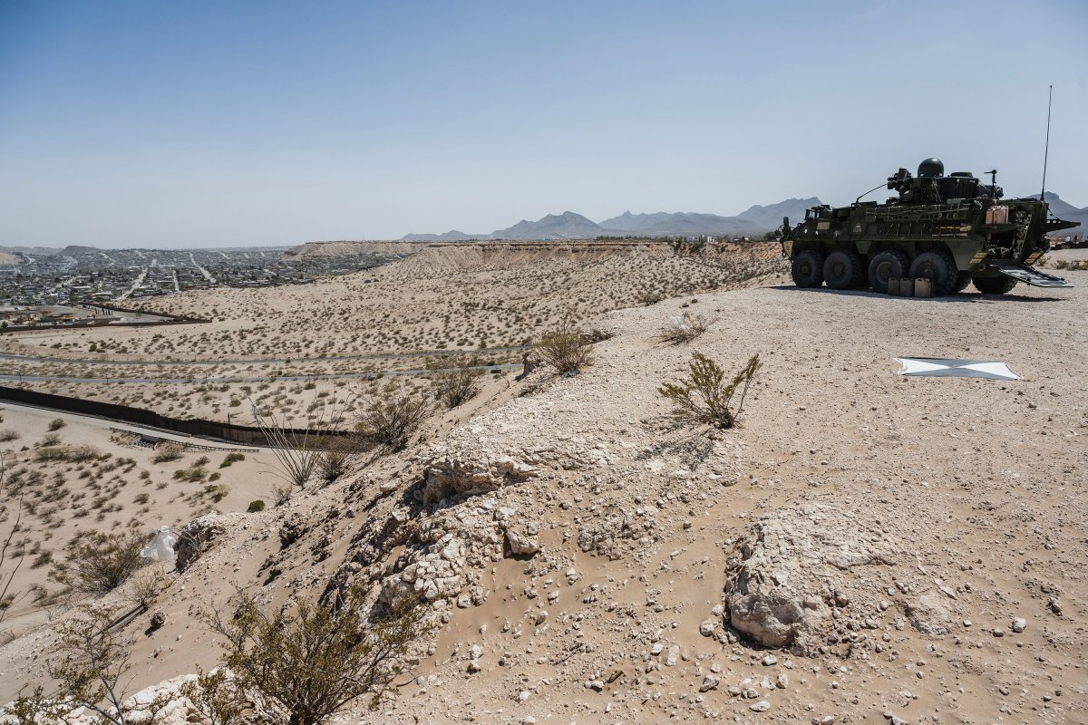 A U.S. Army M1126 Infantry Carrier Vehicle, known as a Stryker, deployed to the U.S.-Mexico border under Title 10 in Sunland Park, New Mexico on March 28, 2025.