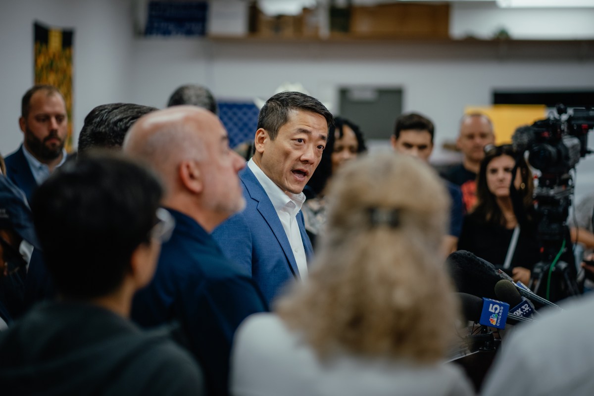 Texas House Democratic Caucus Chair Gene Wu speaks during a press conference alongside dozens of fellow Texas lawmakers and Illinois Gov. J.B. Pritzker in Carol Stream, Ill., on Aug. 3, 2025.