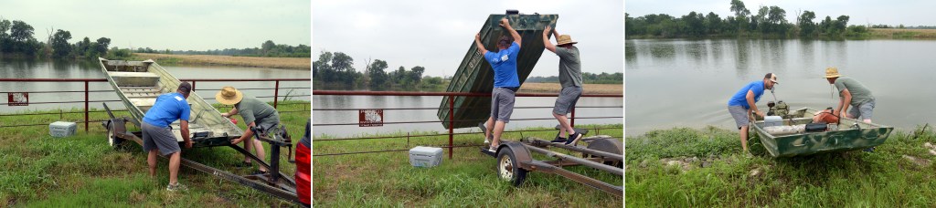 Dustin Baker, left, and Bud Morton slide their flat bottom boat past the welded metal posted fence and into Creslenn Lake on May 27, 2024.