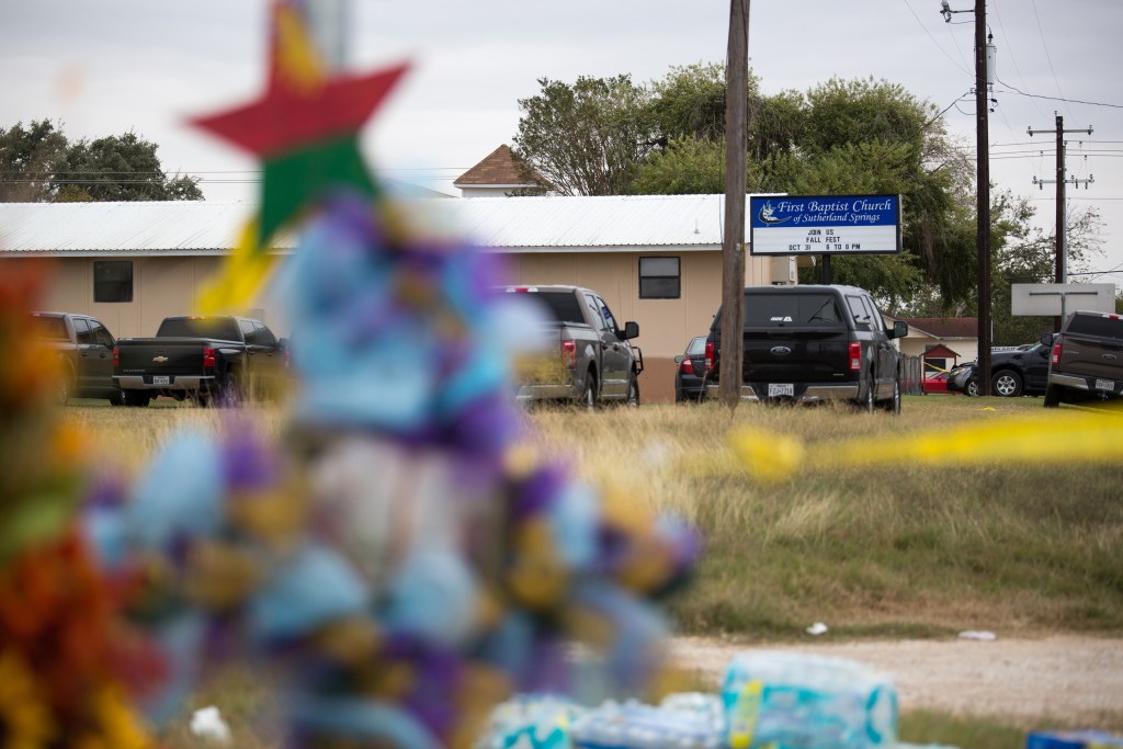 A memorial near the First Baptist Church in Sutherland Springs on Wednesday, Nov. 8, 2017. 26 people were killed and 22 wounded when a shooter opened fire during church services on the previous Sunday.