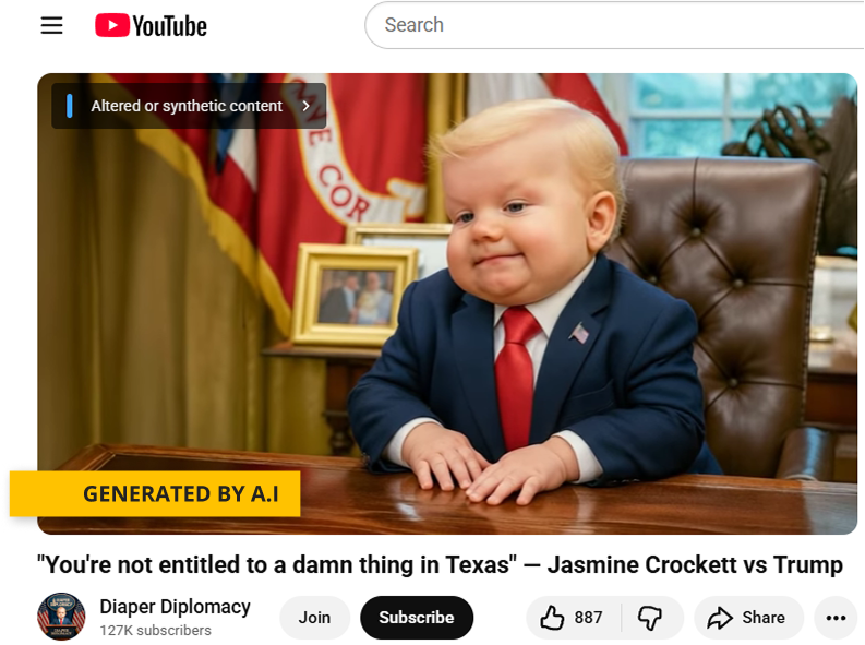 This screenshot of an AI-generated political ad shows President Donald Trump as a baby.