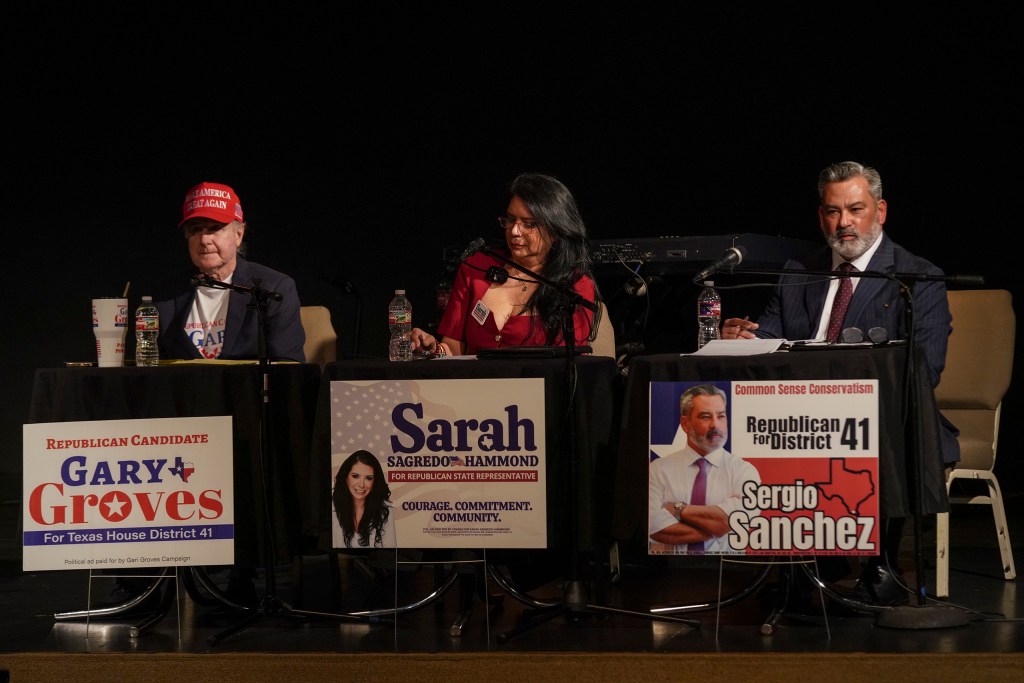 From left: Gary Groves, Sarah Sagredo Hammond, and Sergio J. S&aacute;nchez, Republican primary candidates for state House District 41, participate during the Hidalgo County Republican Party Candidate Forum at the Christian Fellowship Church in McAllen on Jan. 29, 2026. Gabriel V. C&aacute;rdenas for The Texas Tribune