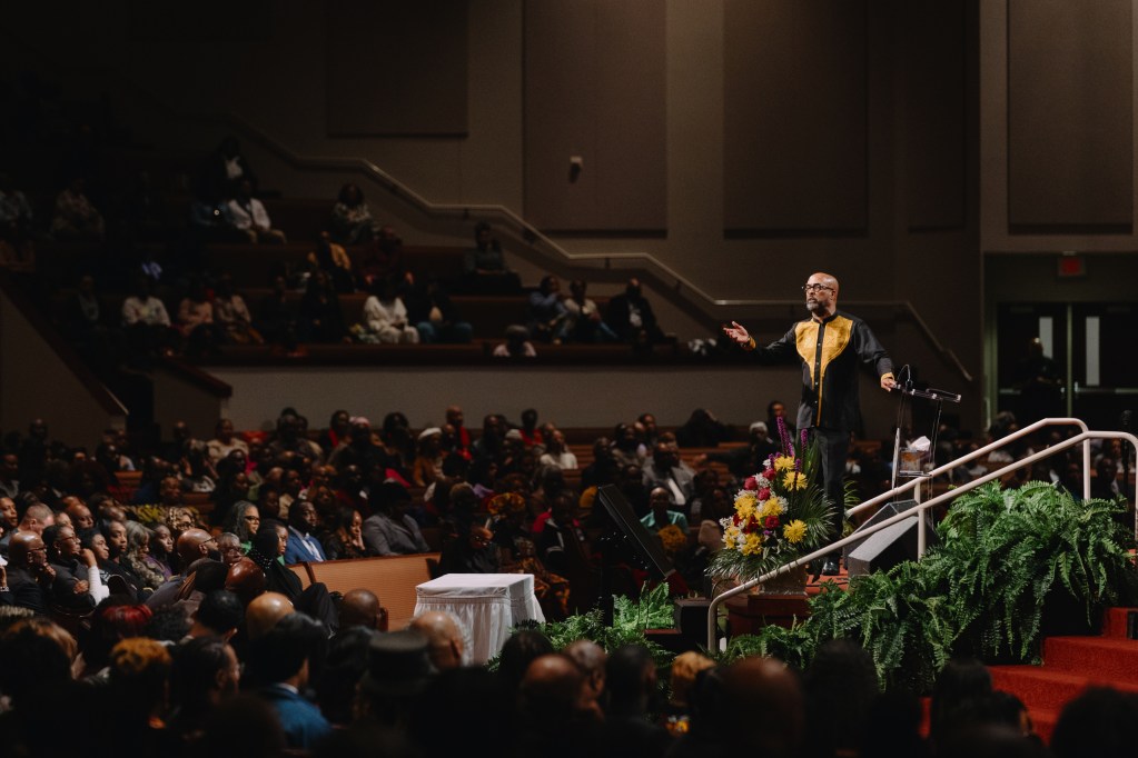 Rev. Frederick D. Haynes III delivers a sermon during service at Friendship-West Baptist Church on February 1, 2026. Haynes is seeking to succeed Jasmine Crockett in Texas’ 30th Congressional District now that she is running for the Senate seat.
