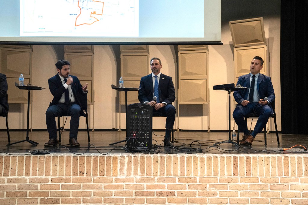 From left: Julio Salinas, Victor &ldquo;Seby&rdquo; Haddad and Eric Holgu&iacute;n, Democratic candidates for state House District 41, debate at the University of Texas Rio Grande Valley in Edinburg on Feb. 11, 2026.