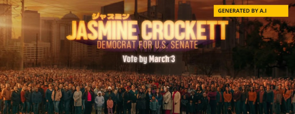 An AI-generated image from a political ad shows U.S. Sen. candidate Jasmine Crockett in a giant crowd of supporters.