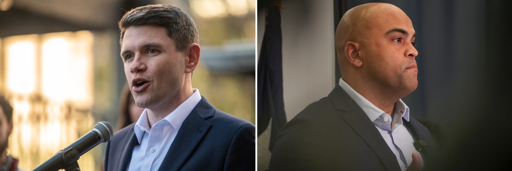Left: Texas Rep. James Talarico, D-Austin speaks at a press conference on Jan. 15, 2026 in Austin. Right: Colin Allred announces his departure from the Senate race in Dallas on Dec. 8, 2025.