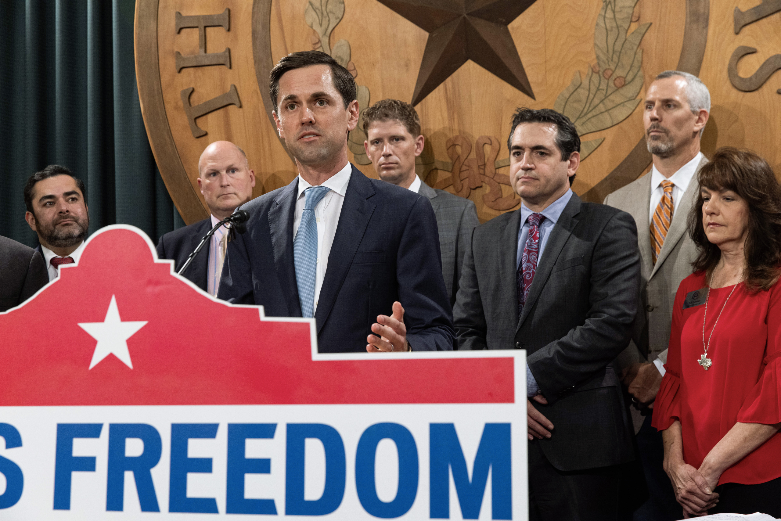 State Rep. Mayes Middleton, R-Wallisville, speaks at a Texas Freedom Caucus press conference on Monday, Aug. 30, 2021.