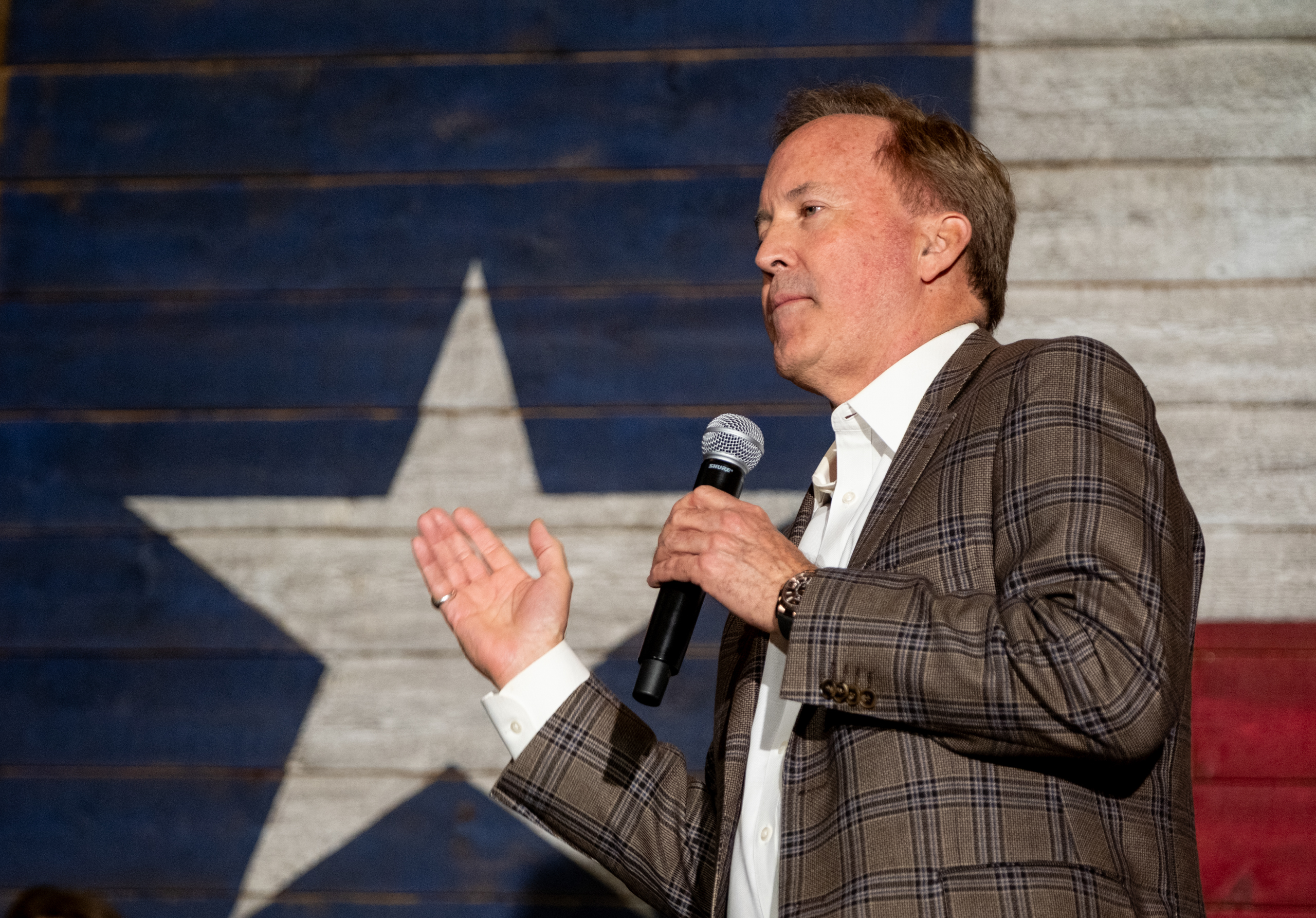 Attorney General Ken Paxton speaks during the first stop on his Texas First Tour to launch his campaign for the United States Senate on Monday, February 16, 2026, at Republic Icehouse in Tyler.
