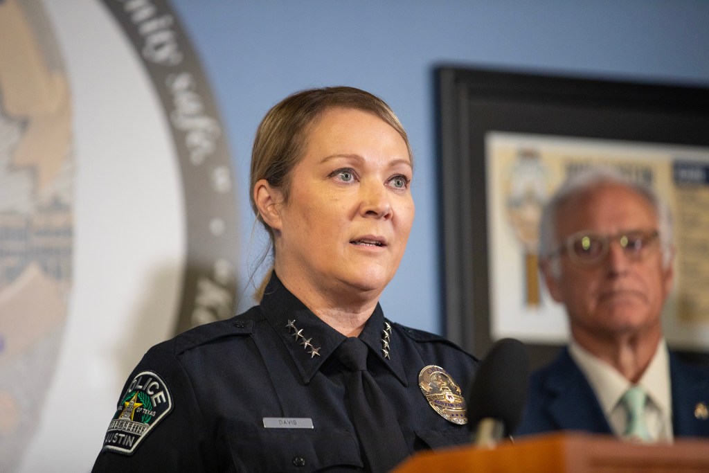 Lisa Davis, chief of the Austin Police Department, speaks during a March 2, 2026 press conference about the mass shooting at Buford&rsquo;s Bar that left three people dead and 14 others injured in downtown Austin on March 1, 2026.