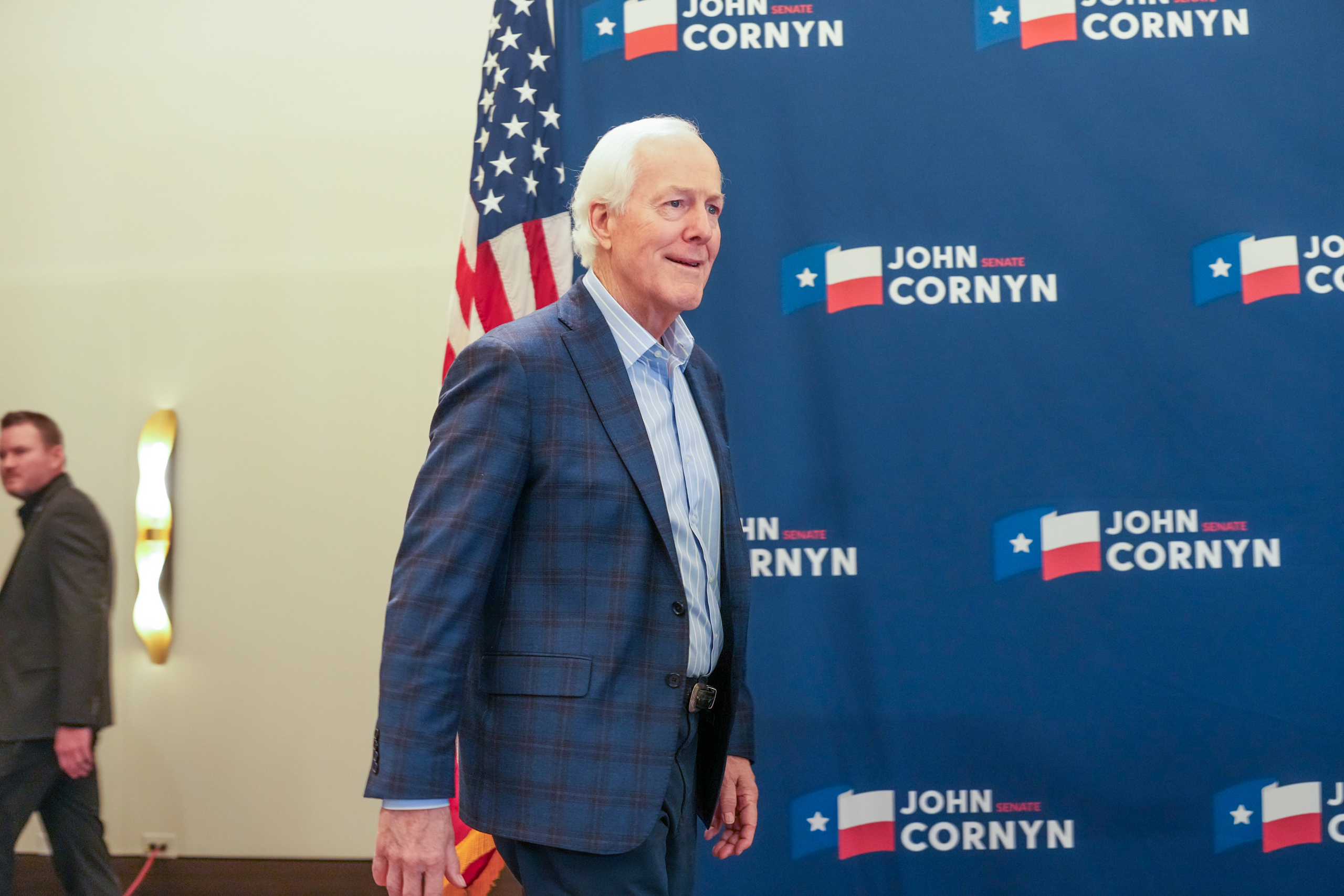U.S. Sen John Cornyn gives election night remarks to the press at the downtown Austin Marriott on March 3, 2026.