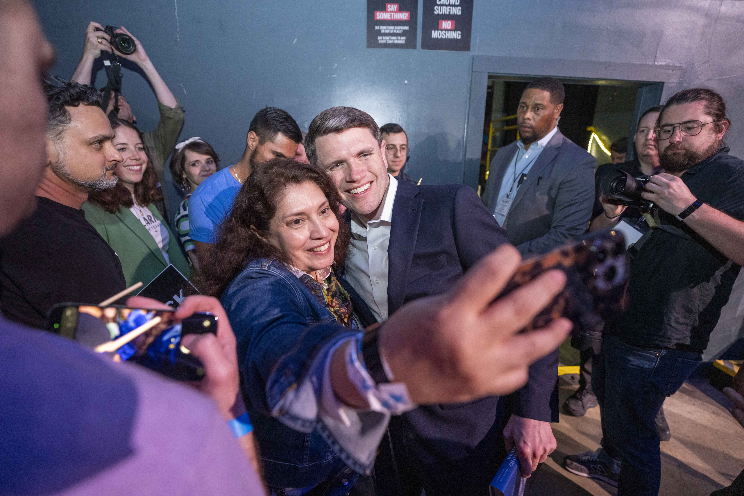 Democratic nominee James Talarico greets his supporters after pulling ahead in the primary for U.S. Senate just after midnight of March 4, 2026.