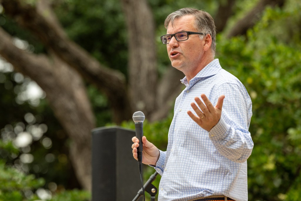 Martin Peterson Ph.D. speaks during The Texas A&M Chapter of the American Association of University Professors holds a protest outside Texas A&M University’s Civil Discourse Symposium at the Rudder Auditorium in College Station, Texas on Monday April 20, 2026.
