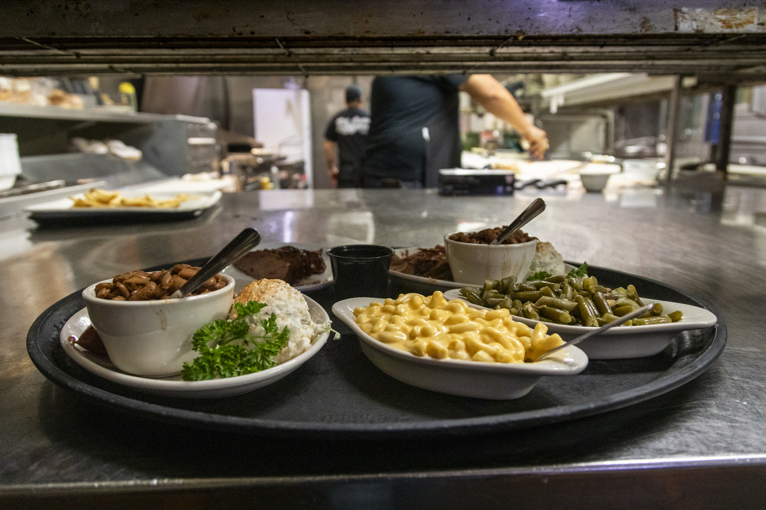 An order of food sits ready to be sent out to customers at County Line Bar-B-Q in Austin.