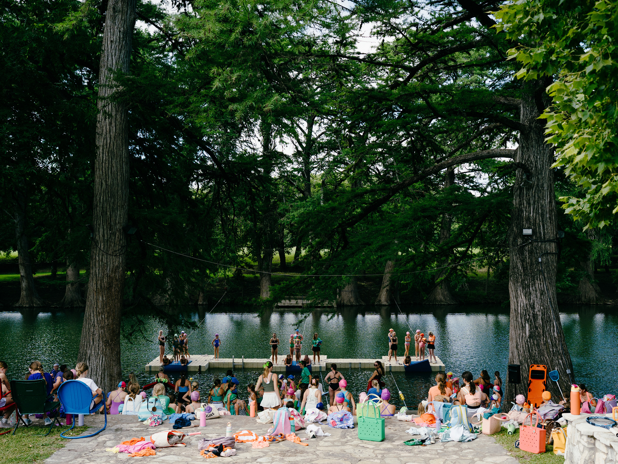 Campers during swim practice on the North Fork of the Guadalupe River at Camp Waldemar.