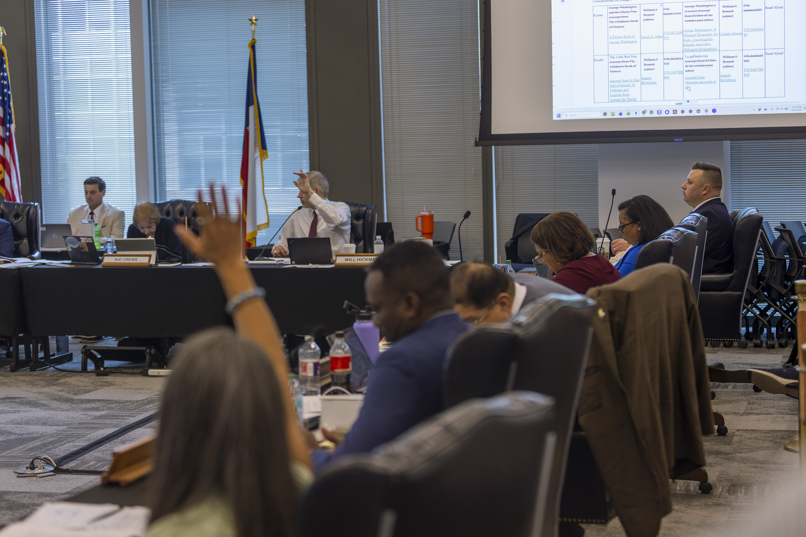Board members debate and vote on amendments during the Friday State Board of Education meeting in Austin.