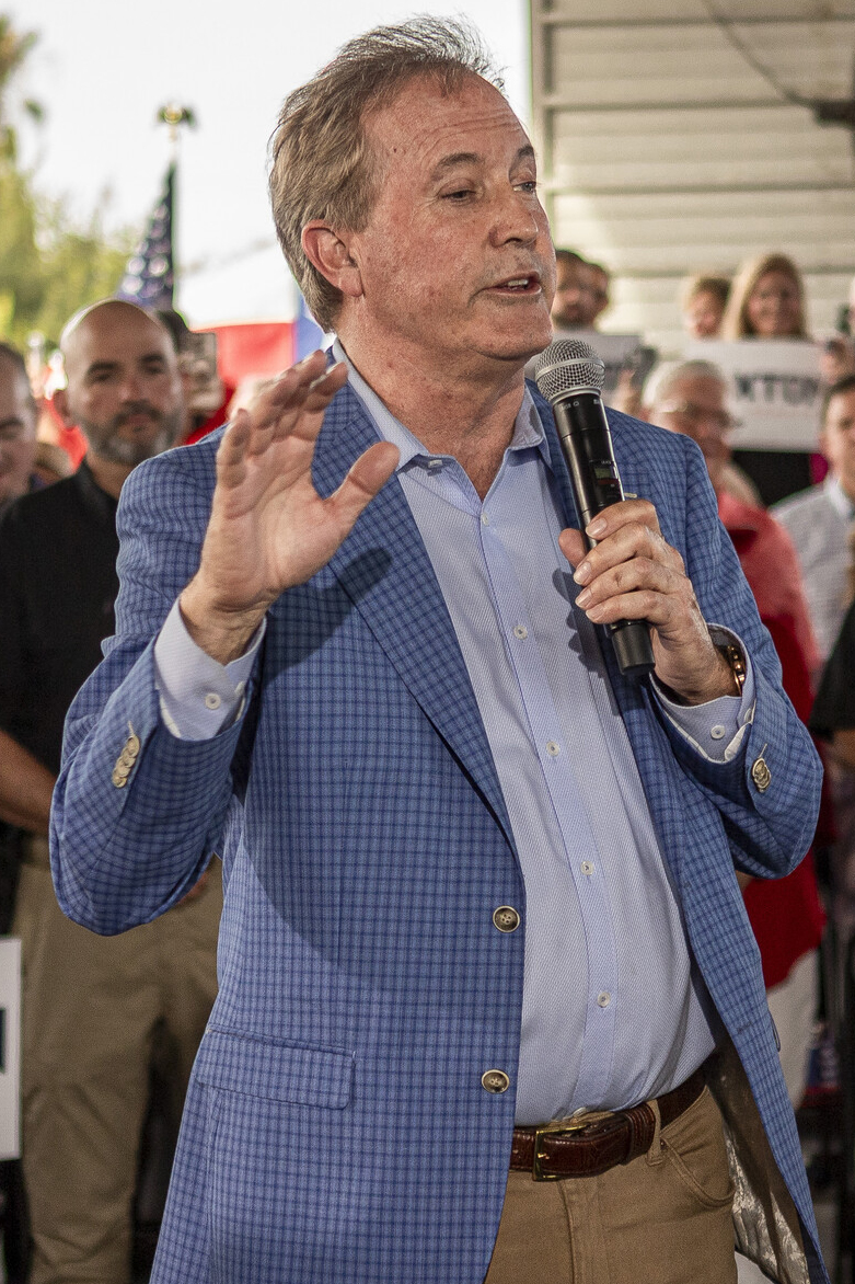 Attorney General Ken Paxton speaks on how he plan to keep Texas red while comparing himself to his opponent State Rep. James Talarico during his “Rally in the Valley” in McAllen on July 14, 2026.