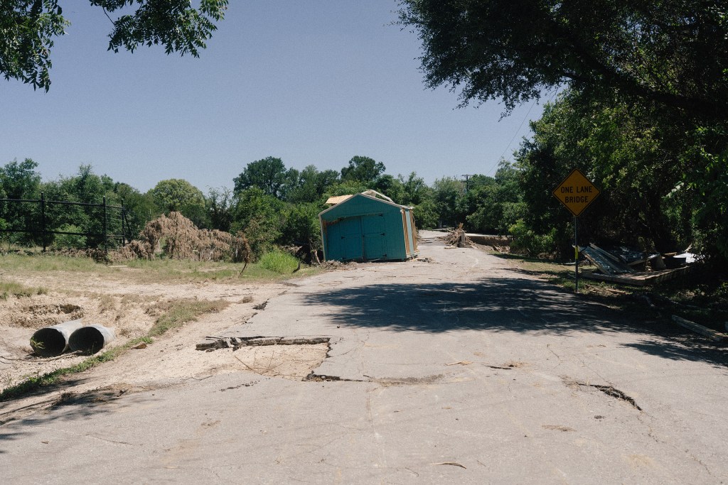 A flood-damaged road in Kerrville on July 28.