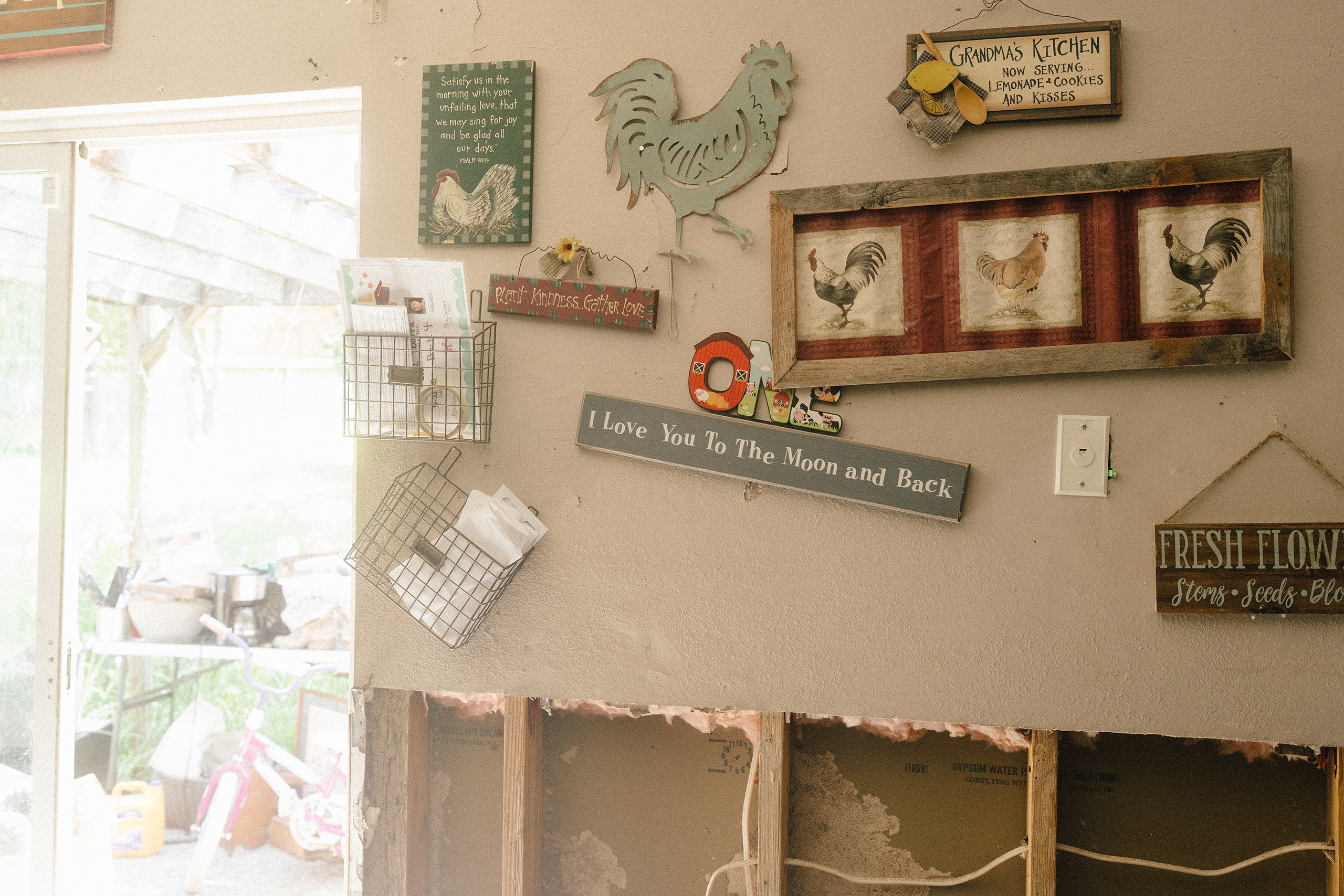 The wall on Michael Ybarra’s home after it was gutted from water damage from the July 16 flood in Kerrville, Texas on July 28, 2026.
