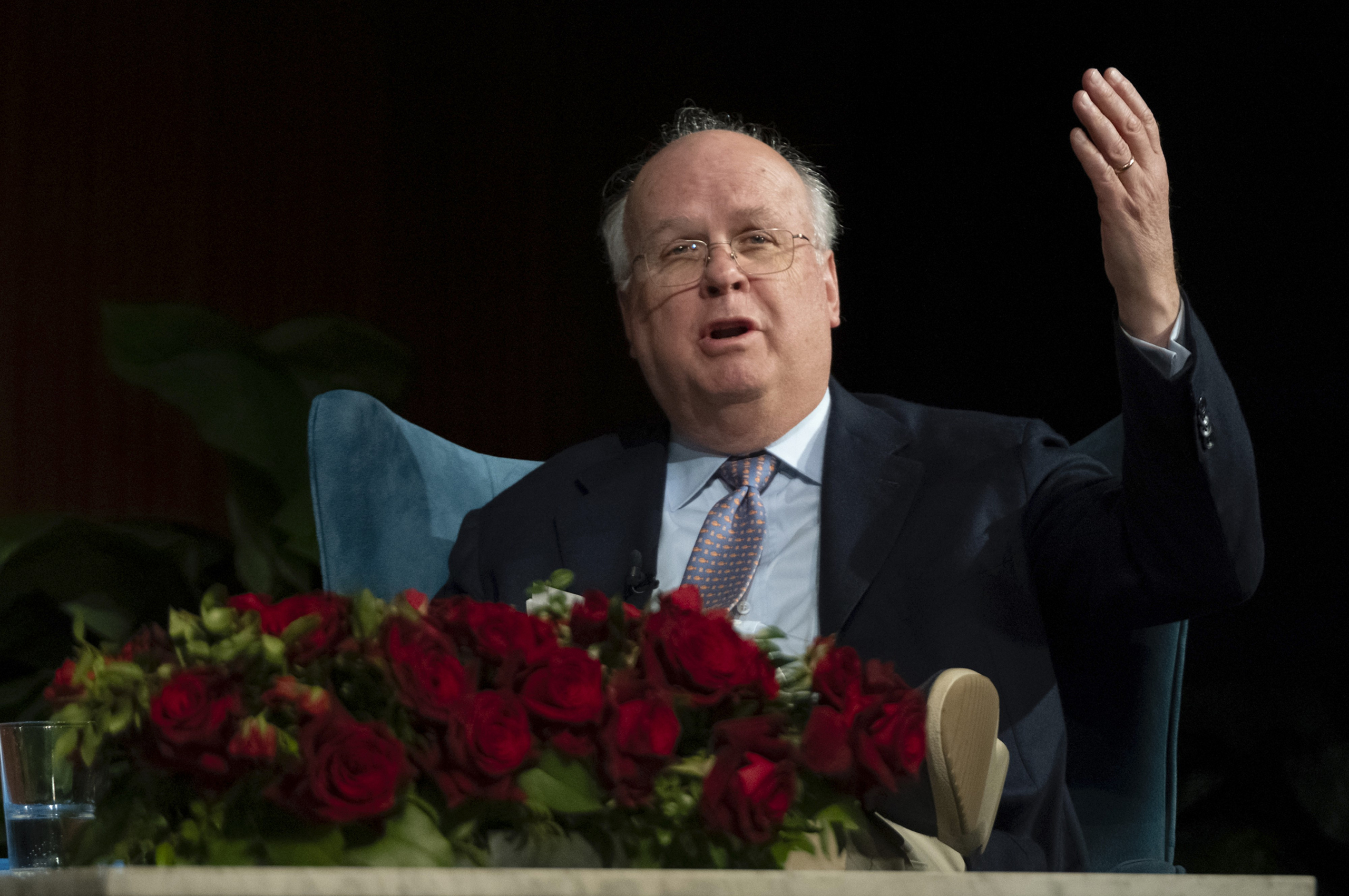 Former White House Director of Communications, Deputy Chief of Staff, and Republican strategist Karl Rove speaks at the LBJ Presidential Library in Austin on April 10, 2024.