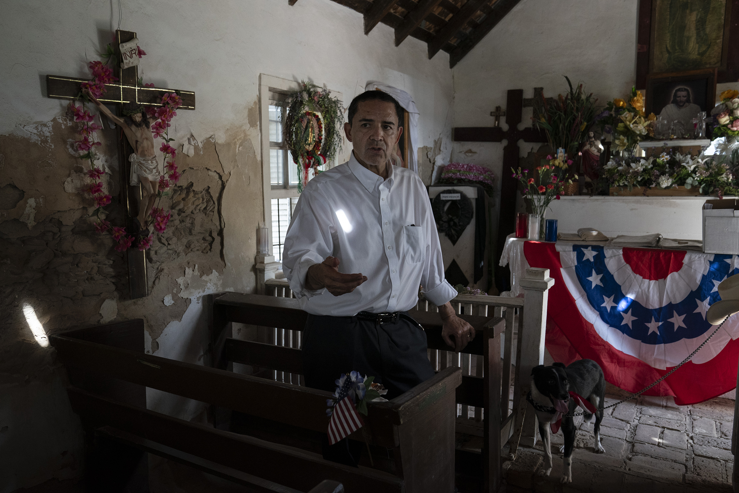 U.S. Rep. Henry Cuellar, D-Laredo, meets with Father Roy Snipes, activists, reporters, and others at the historic La Lomita Chapel Mission on July 8, 2026.