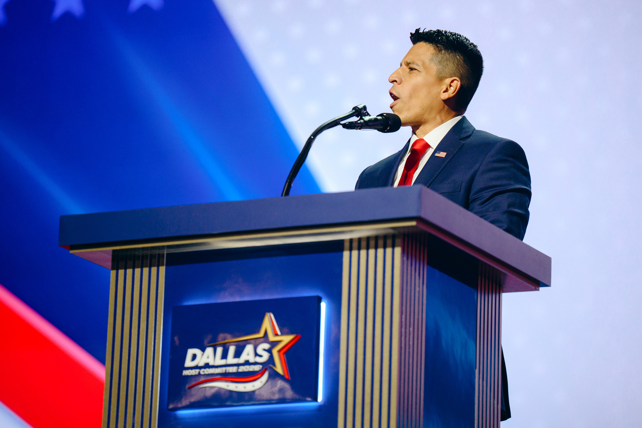Carlos De La Cruz, Republican nominee for U.S. House District 35, speaks at the 2026 Republican Convention in Dallas on Sept. 9, 2026.