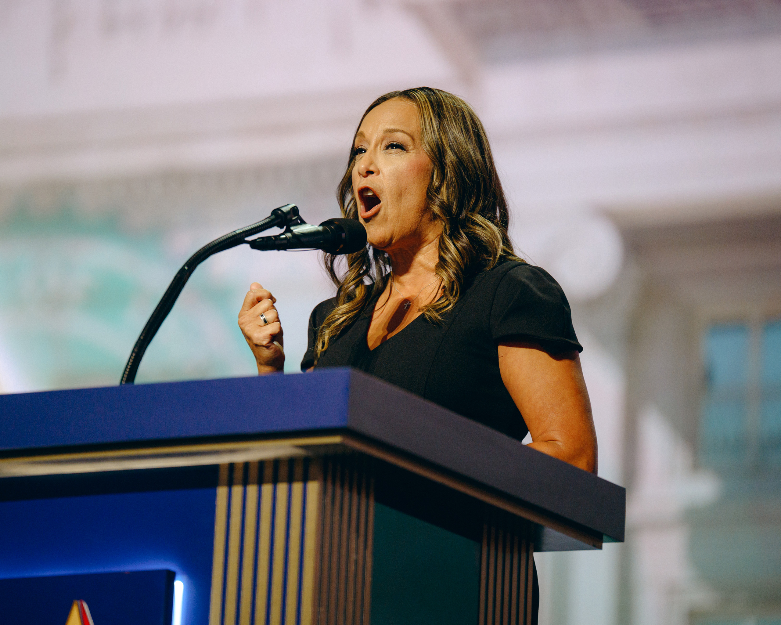 U.S. Rep. Monica De La Cruz, R-Edinburg, speaks at the 2026 Republican Convention in Dallas on Sept. 9.