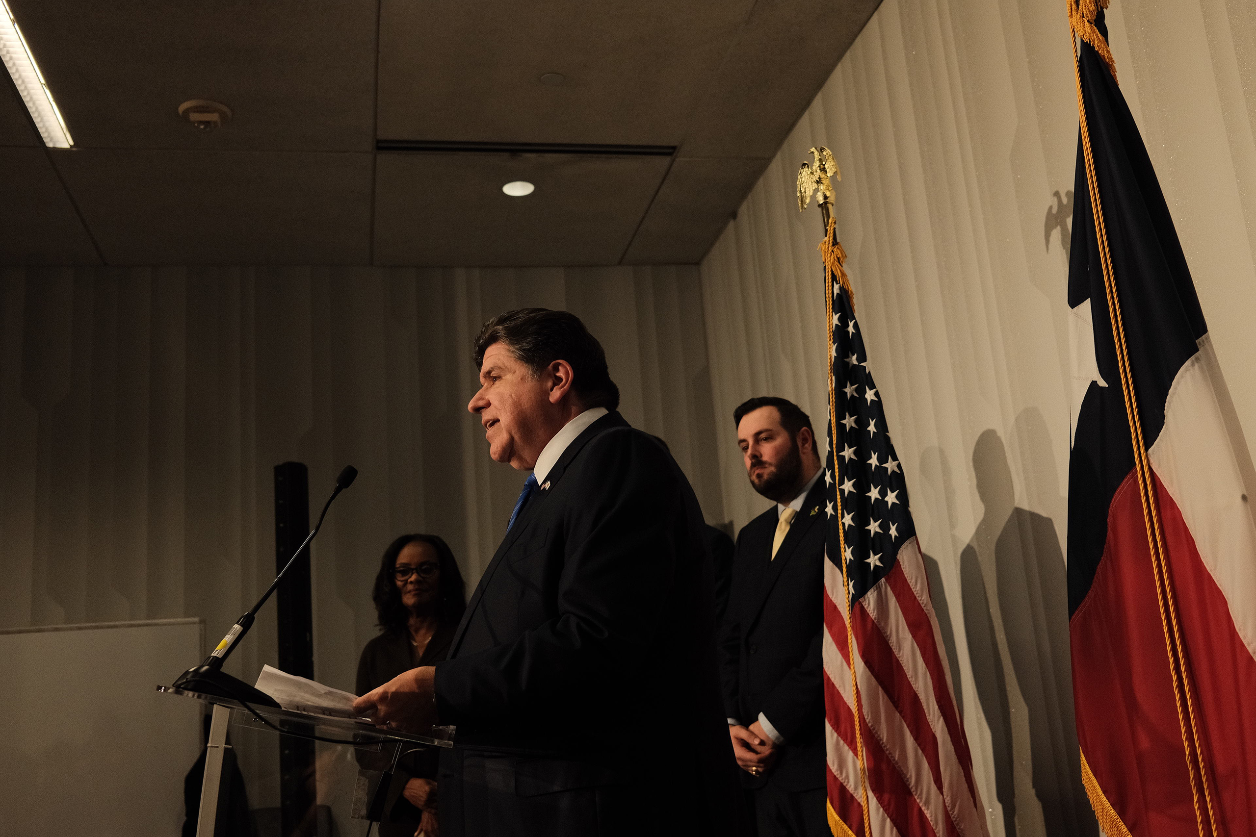 Texas Democratic Chair Kendall Scudder looks on as Illinois Gov. JB Pritzker speaks a press conference in Dallas as part of Democrats' counter-programming to the 2026 Republican Convention, on Tuesday, Sept. 9, 2026.