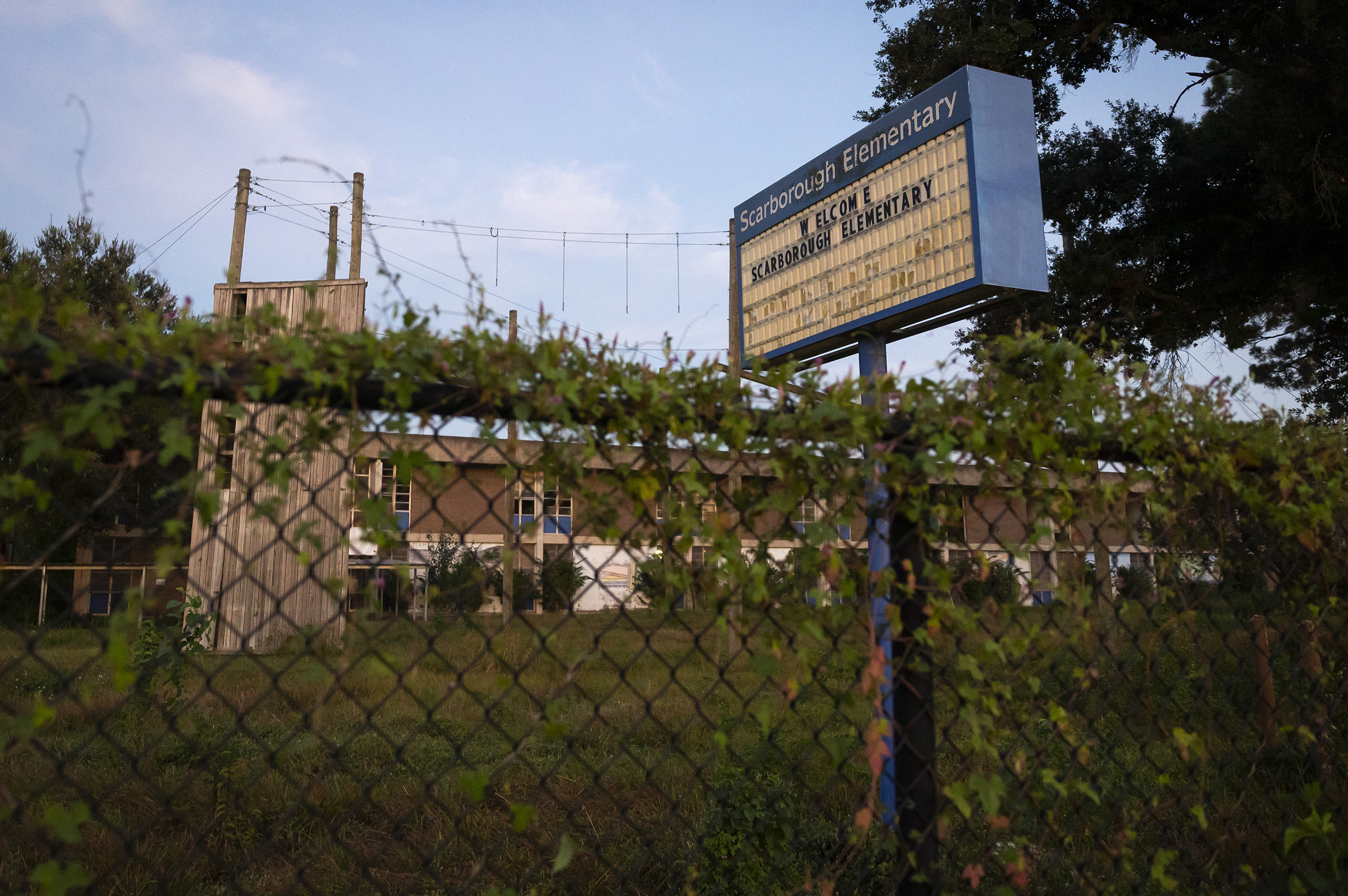The original, abandoned Terrell Middle School building in north Houston on Sept. 16, 2026. It is one of dozens of plots of land HISD put for sale to make a little revenue as the cost of NES adds up. The school closed in 1991 and later became a campus for Scarborough Elementary, which was displaced by flooding from Hurricane Harvey.