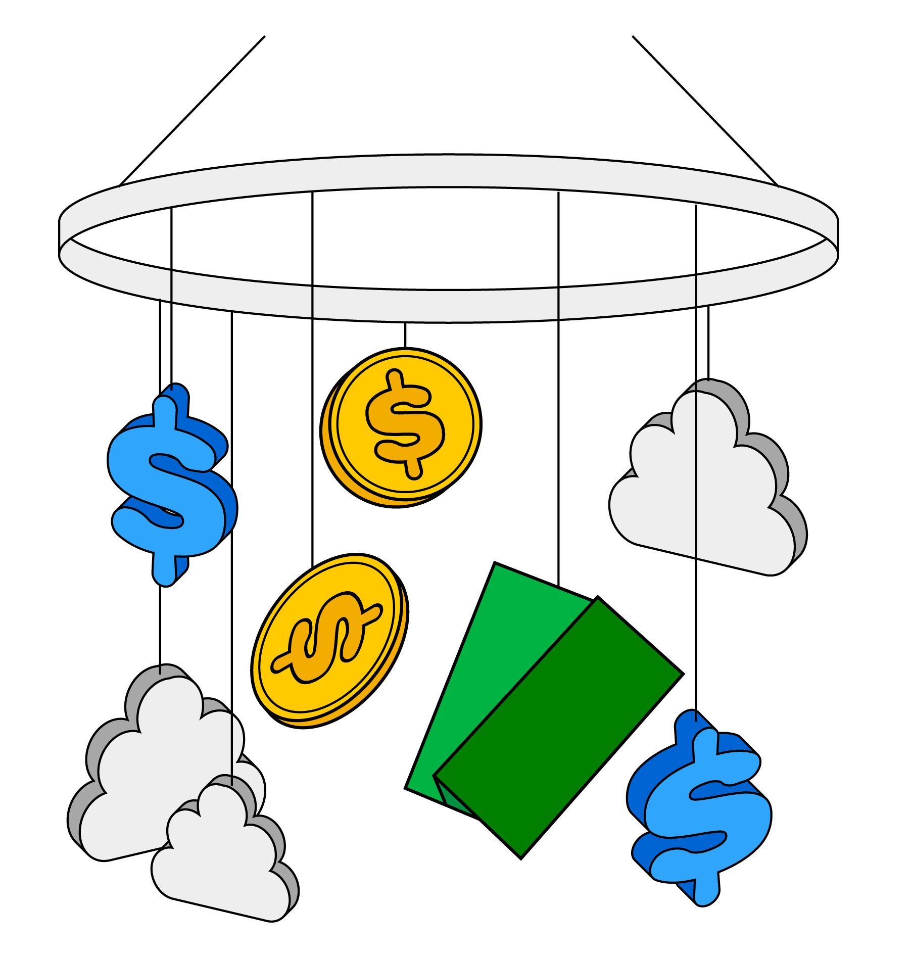 An illustration of an above-crib mobile with various finance-related items.