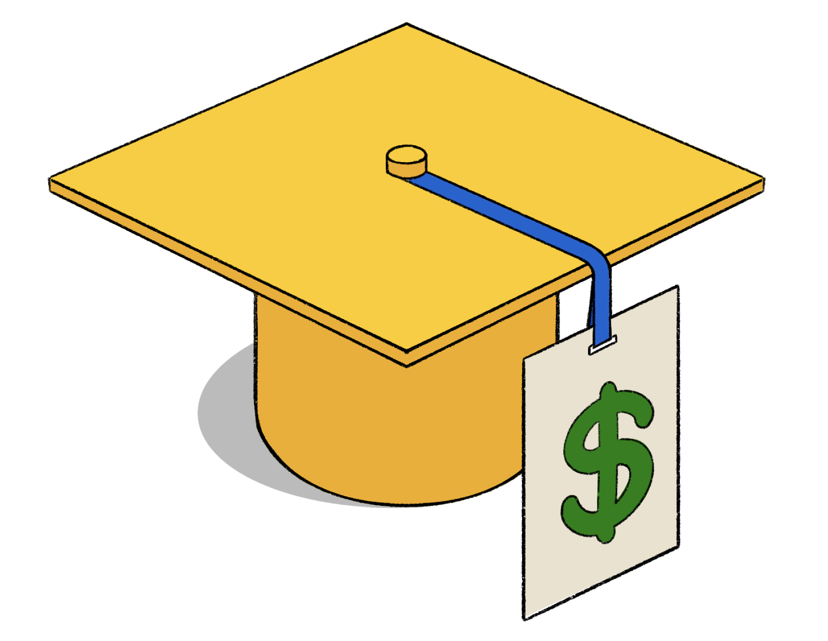 An illustrator of a graduation cap with a price tag where the tassel would be.