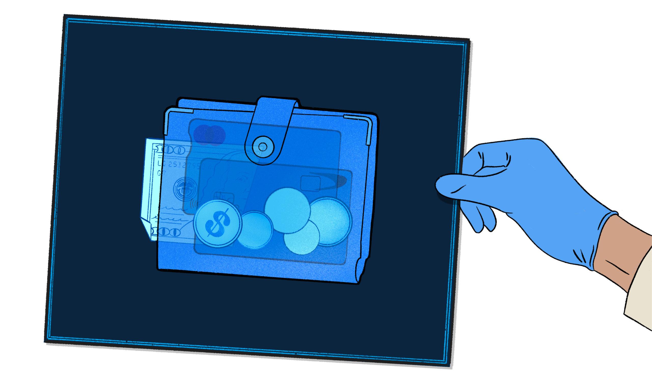 An illustration of a hand holding an x-ray image; the image shows a wallet and its contents (cash, coins, cards).
